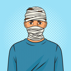 wounded injured man with bandaged head pinup pop art retro vector illustration. Comic book style imitation.