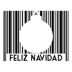 Logo con texto Feliz Navidad en español con código de barras con líneas con silueta de bola de navidad en espacio negativo