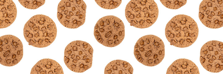 Chocolate chip biscuit isolated on white background. Biscuit background. close up