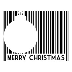 Logo con texto Merry Christmas con código de barras con líneas con silueta de bola de navidad en espacio negativo