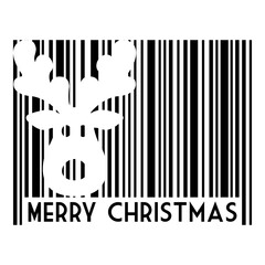 Logo con texto Merry Christmas con código de barras con líneas con silueta de cabeza de reno Rudolph en espacio negativo