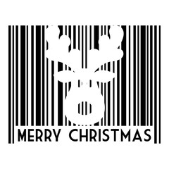 Logo con texto Merry Christmas con código de barras con líneas con silueta de cabeza de reno Rudolph en espacio negativo