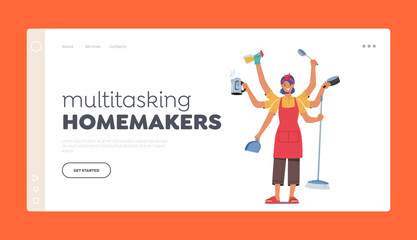 Multitasking Homemakers Landing Page Template. Housewife Character with Many Arms Holding Household Supplies