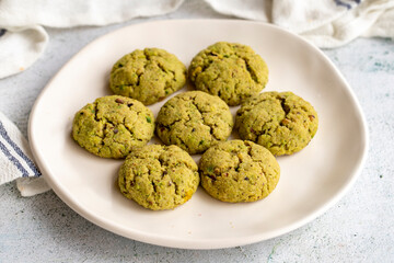 Pistachio biscuits on a gray background. close up