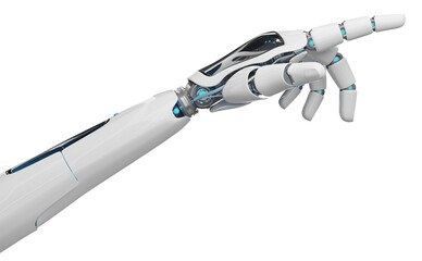 Isolated robot pointing finger. 3D rendering white and blue cyborg arm. Humanoid hand cut out with transparent background
