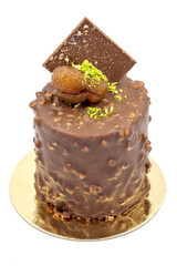 Chocolate and chestnut cake isolated on white background. close up