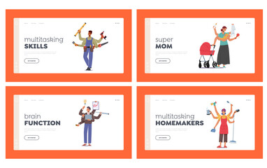 Multitasking Landing Page Template Set. People with Many Arms Doing Multiple Tasks. Mother with Baby, Housewife