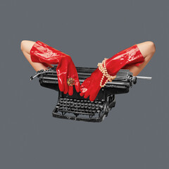 Human hands typing on retro typewriter. Modern design, contemporary art collage. Inspiration, idea, trendy urban style.