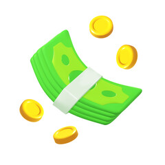 Dollar bill. Green 3d render american money. Dollar banknote in cartoon style. Vector illustration isolated