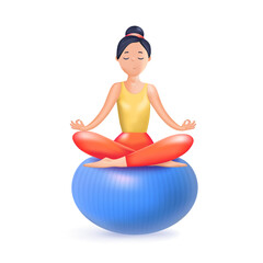 Meditation 3D illustration. Happy calm Woman meditating. Zen, yoga, meditation, relax, recreation, healthy lifestyle. Harmony and balance life. Psychology, selfcare. 3D vector