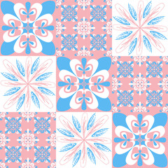 Spanish ceramic tiles azulejo talavera, pastel pattern pink blue cute delicate decor for walls and floors, vector illustration