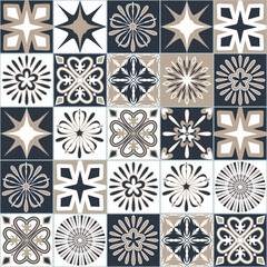 Spanish ceramic tiles dark gray beige color, decorative wall decoration in bathroom and kitchen, vector illustration