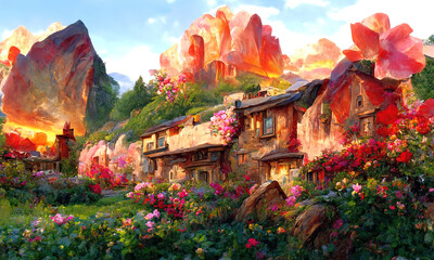 A cozy stone village house on a grass field against mountains. Rural beautiful landscape with flowers and trees. Digital painting illustration.