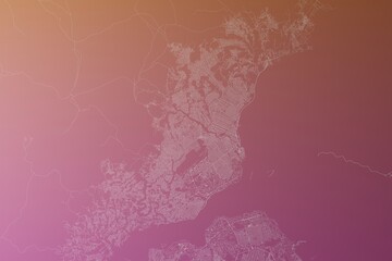 Map of the streets of Brazzaville (Congo) made with white lines on pinkish red gradient background. Top view. 3d render, illustration