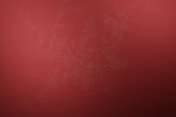 Map of the streets of Bissau (Guinea-Bissau) made with white lines on abstract red background lit by two lights. Top view. 3d render, illustration