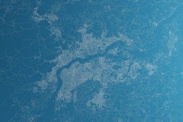 Map of the streets of Bamako (Mali) made with white lines on blue paper. Rough background. 3d render, illustration