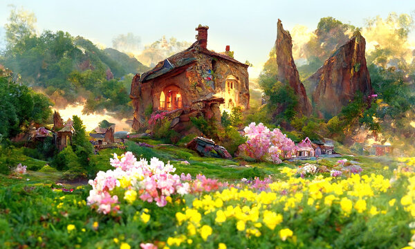 A cozy stone village house on a grass field against mountains. Rural beautiful landscape with flowers and trees. Digital painting illustration.