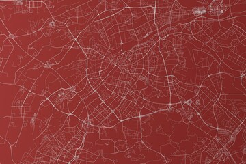 Map of the streets of Dongguan (China) made with white lines on red background. Top view. 3d render, illustration