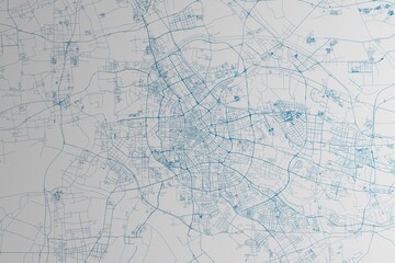 Map of the streets of Tianjin (China) made with blue lines on white paper. 3d render, illustration