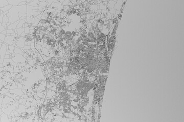 Map of the streets of Chennai (India) made with black lines on grey paper. Top view. 3d render, illustration