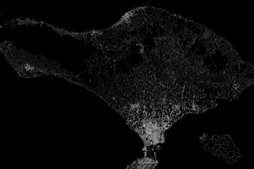 Stylized map of the streets of Bali (Indonesia) made with white lines on black background. Top view. 3d render, illustration