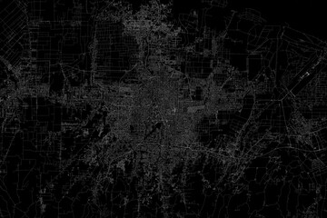 Stylized map of the streets of Medan (Indonesia) made with white lines on black background. Top view. 3d render, illustration