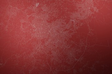Map of the streets of Amman (Jordan) made with white lines on abstract red background lit by two lights. Top view. 3d render, illustration