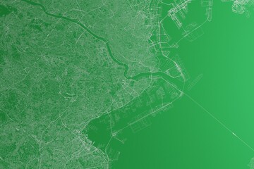 Map of the streets of Kawasaki (Japan) made with white lines on green paper. Rough background. 3d render, illustration