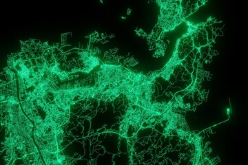 Map of the streets of Kitakyushu (Japan) made with green illumination and glow effect. Top view on roads network. 3d render, illustration