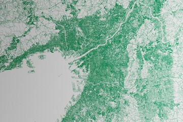 Map of the streets of Osaka (Japan) made with green lines on white paper. 3d render, illustration