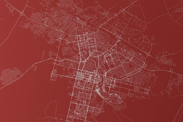 Map of the streets of Nur-Sultan (Kazakhstan) made with white lines on red background. Top view. 3d render, illustration