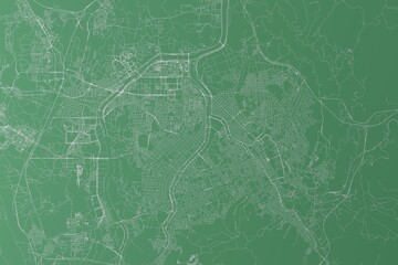 Stylized map of the streets of Daejeon (South Korea) made with white lines on green background. Top view. 3d render, illustration