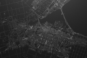 Street map of Hamilton (Canada) on black paper with light coming from top