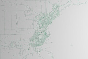 Map of the streets of Thunder Bay (Canada) made with green lines on white paper. 3d render, illustration