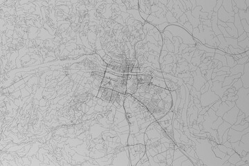 Map of the streets of Maribor (Slovenia) made with black lines on grey paper. Top view. 3d render, illustration