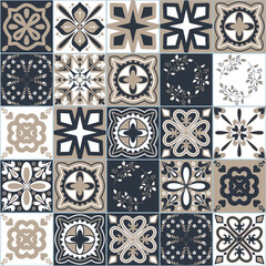 Azulejo traditional spanish pottery, square Azulejo tiles for design, vector illustration decorative seamless pattern