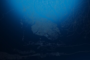 Street map of Porto Novo (Benin) engraved on blue metal background. Flat view with light coming from top. 3d render, illustration