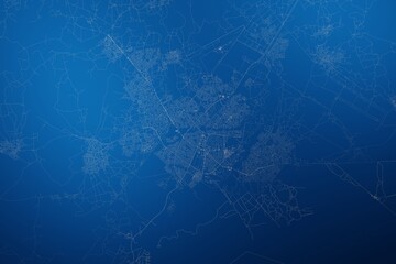 Stylized map of the streets of Gaborone (Botswana) made with white lines on abstract blue background lit by two lights. Top view. 3d render, illustration