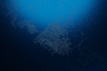 Street map of Douala (Cameroon) engraved on blue metal background. View with light coming from top. 3d render, illustration