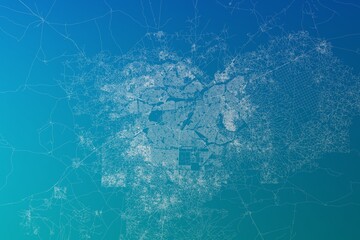 Map of the streets of Ouagadougou (Burkina Faso) made with white lines on greenish blue gradient background. 3d render, illustration