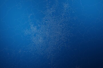 Stylized map of the streets of Yaounde (Cameroon) made with white lines on abstract blue background lit by two lights. Top view. 3d render, illustration