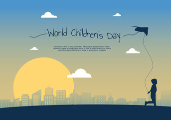 World children day background with child play kite in city.