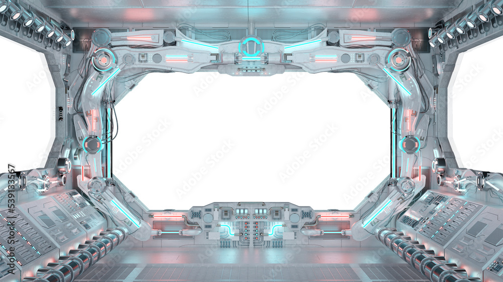 Poster Spaceship interior with isolated transparent window. Futuristic spacecraft with glowing blue and red control panels and empty view. 3D rendering futuristic white metallic interior with transparency