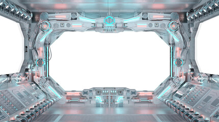 Spaceship interior with isolated transparent window. Futuristic spacecraft with glowing blue and red control panels and empty view. 3D rendering futuristic white metallic interior with transparency