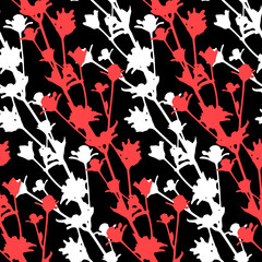 Contrast seamless pattern with organic plant twigs, red black white color, vector illustration