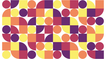 A collection of squares, circles, and quarter circles in purple, brown, yellow, orange colors.
