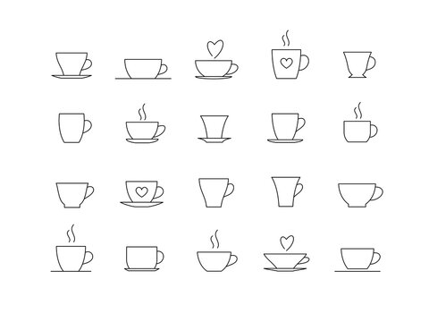 Set of linear coffee cups icons. Tea cups. Set of drinks. Vector illustration.
