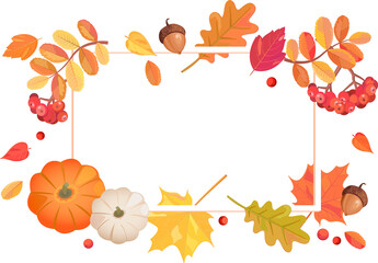 Autumn frame from fall elements-colorful autumn leaves, rowan berries, acorns, pumpkin for seasonal shopping promotion,web, sale banners.Template for discount cards, advertise.PNG illustration
