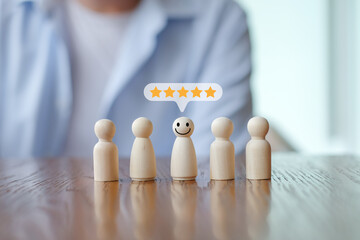 Figure with happy face and 5 star on speech bubble. Feedback rating and service review. Customer...