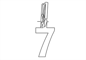 clip wooden peg with numbers 7.Continuous line drawing